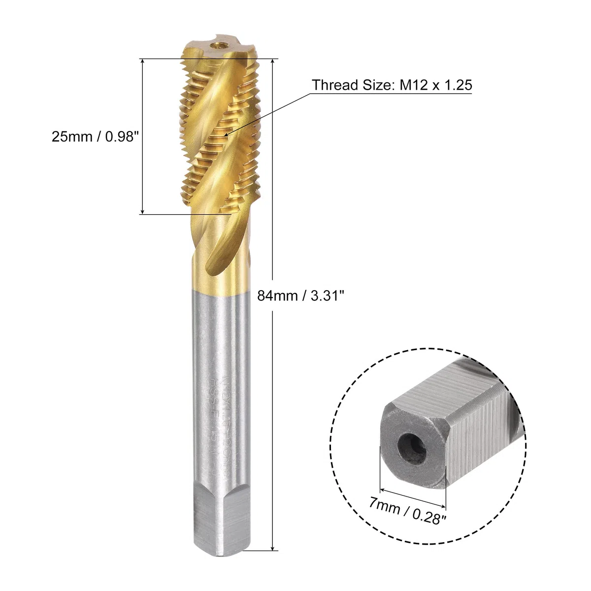 sourcing map Espiral Flauta Roscar Macho M12 X 1,25, Métrico HSS (Alta Velocidad Acero) Titanio Chapado Máquina Rosca Roscar Macho 4 Flautas Toque Herramienta H2 Tolerancia