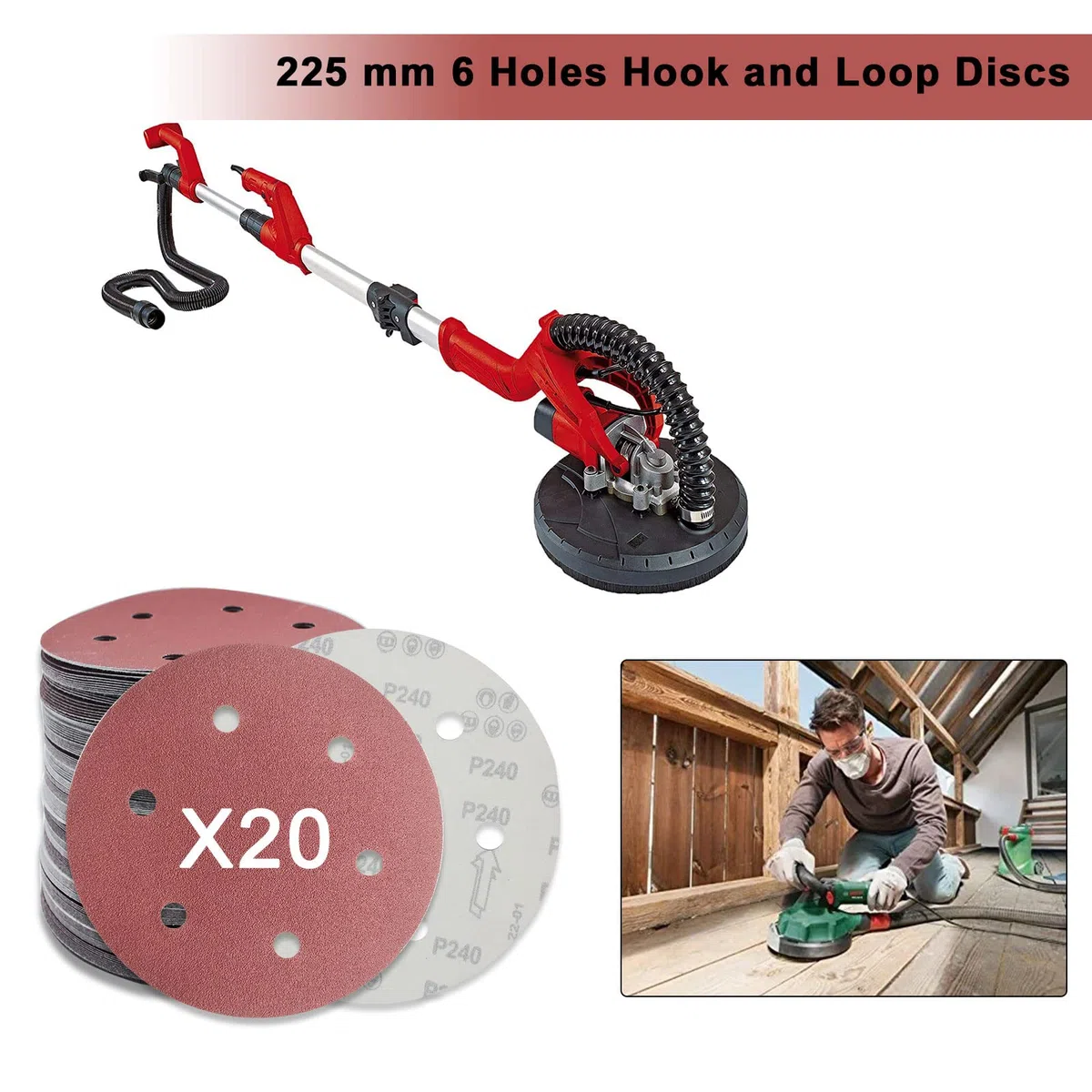 Senmai Tools Disco abrasivo de 225 mm, 20 discos abrasivos circulares, lijadora para papel de lija de 6 agujeros, papel de lija para lijadora en seco jirafa(grano 40)