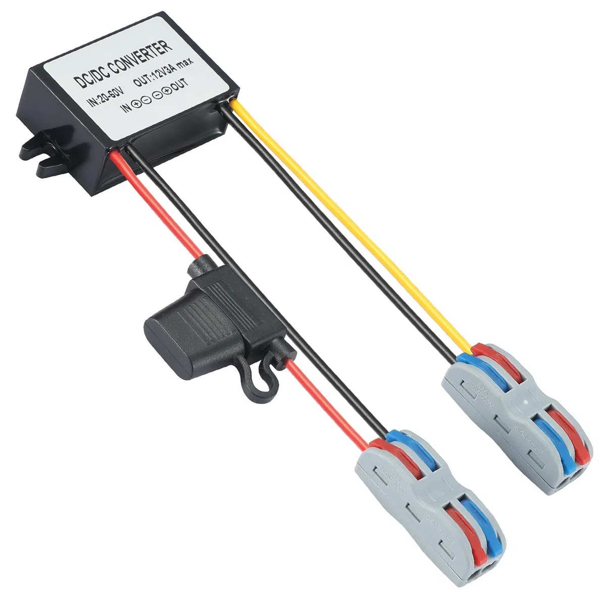Convertidor DC-DC 36W (20-60V a 12V/3A) – Reductor de Voltaje Impermeable IP67 con Fusible – Transformador de Corriente Estabilizado para Coche, Caravana, Iluminación LED y Sistemas de Monitoreo