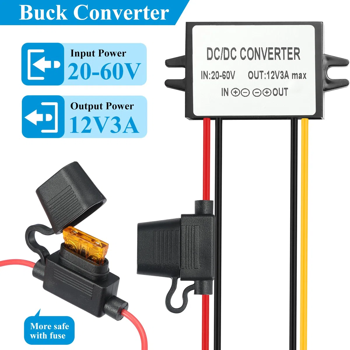 Convertidor DC-DC 36W (20-60V a 12V/3A) – Reductor de Voltaje Impermeable IP67 con Fusible – Transformador de Corriente Estabilizado para Coche, Caravana, Iluminación LED y Sistemas de Monitoreo