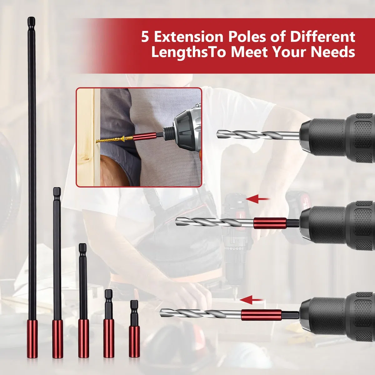 5 Pcs Extensiones de Puntas Magnéticas, 50/60/100/150/300 mm Porta Puntas Atornillador Magnetico, Portapuntas Magnetico, Varilla de Extensión de Punta Magnética Portapuntas de Rápido Magnéticos