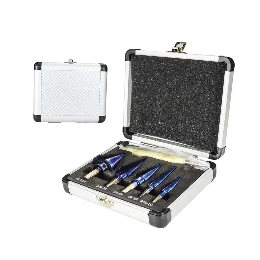 Broca escalonada, Broca cónica escalonada HSS, Juego de brocas escalonadas de acero de alta velocidad de 6 piezas Punzón central automático Caja de aluminio con revestimiento azul nano