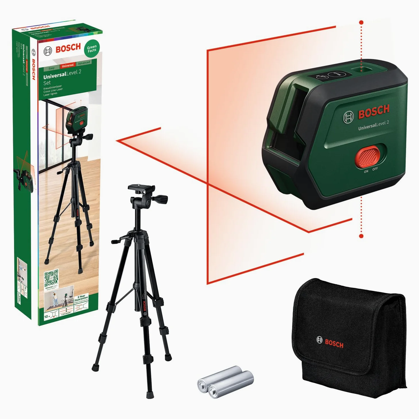 Bosch nivel láser de líneas cruzadas UniversalLevel 2 con trípode (láser de líneas cruzadas, incl. puntos de plomada para una alineación precisa y una transferencia sencilla)