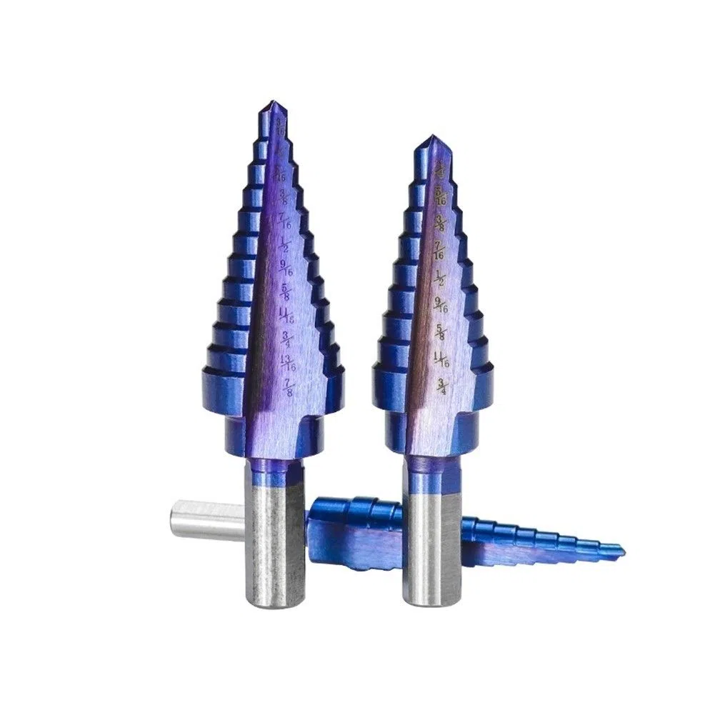 Broca escalonada, Broca cónica escalonada HSS, Juego de brocas escalonadas de acero de alta velocidad de 6 piezas Punzón central automático Caja de aluminio con revestimiento azul nano