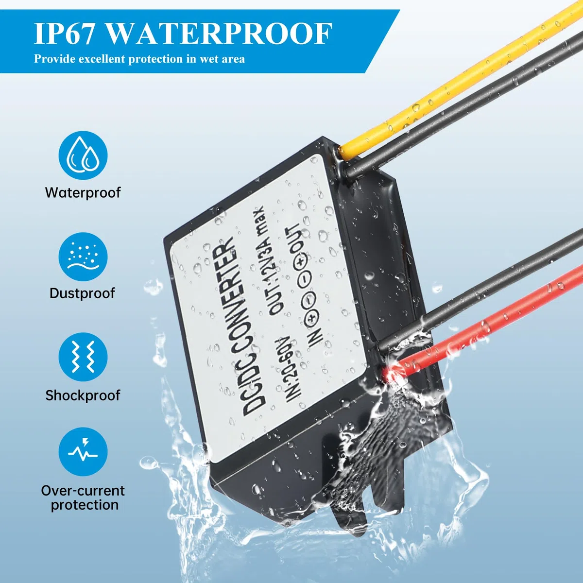 Convertidor DC-DC 36W (20-60V a 12V/3A) – Reductor de Voltaje Impermeable IP67 con Fusible – Transformador de Corriente Estabilizado para Coche, Caravana, Iluminación LED y Sistemas de Monitoreo