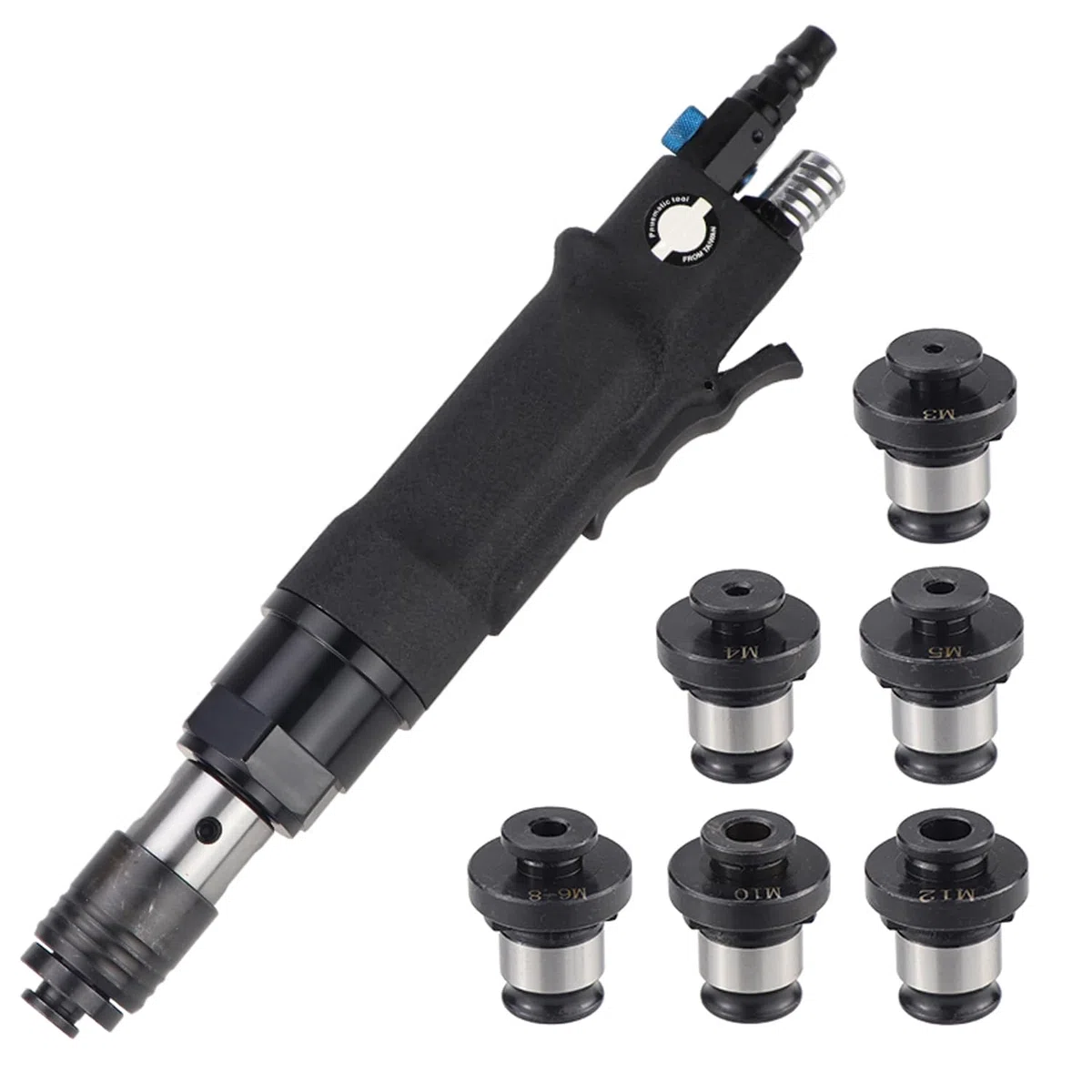 Máquina de roscado neumática, M3-M12 con 7 cabezales, velocidad ajustable, interruptor de avance y marcha atrás, pinza de autobloqueo para aplicaciones de metalurgia