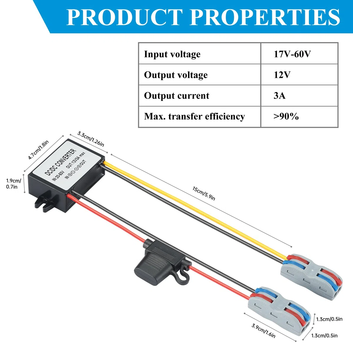 Convertidor DC-DC 36W (20-60V a 12V/3A) – Reductor de Voltaje Impermeable IP67 con Fusible – Transformador de Corriente Estabilizado para Coche, Caravana, Iluminación LED y Sistemas de Monitoreo