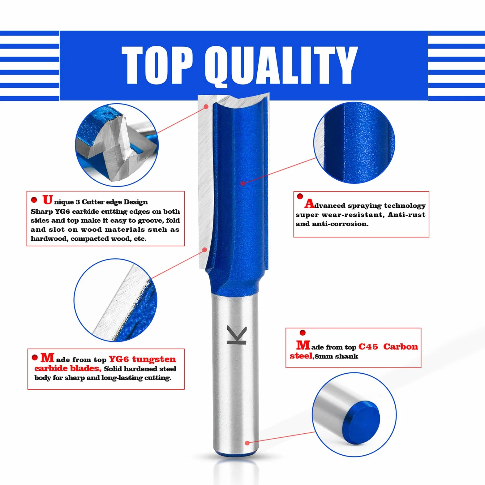 ASNOMY 1Pc Profesional Juego de Fresas para Madera Vástago de 8 mm, 8mm Doble Flauta Fresa Recta, Herramientas Carpinteria Fresa para Fresadora para Madera