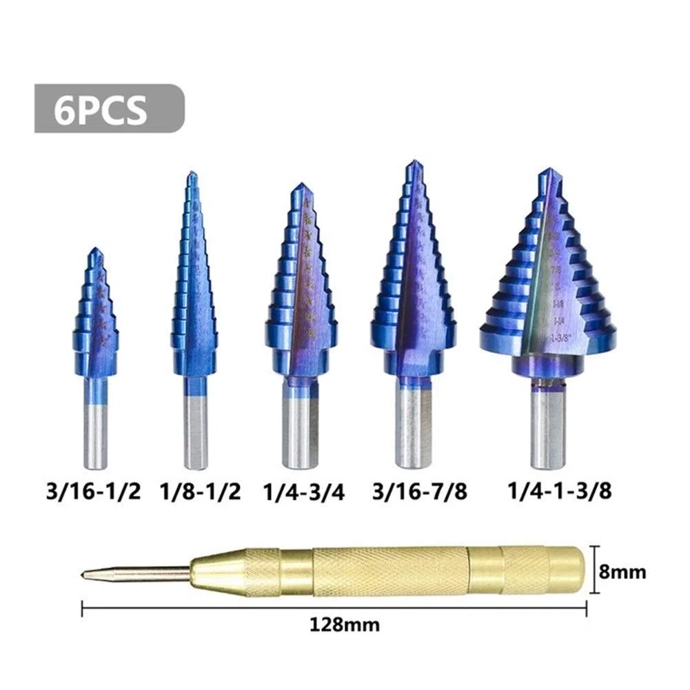 Broca escalonada, Broca cónica escalonada HSS, Juego de brocas escalonadas de acero de alta velocidad de 6 piezas Punzón central automático Caja de aluminio con revestimiento azul nano